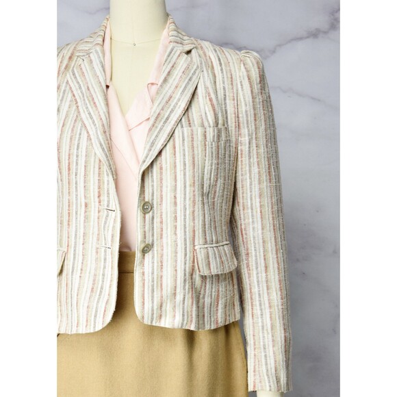 1970s Linen Blend Blazer Size Small Minimalist Striped Jacket Neutral - Picture 4 of 9